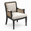 Fauteuil en Bois Noir avec Rotin et Tissu Lin Beige