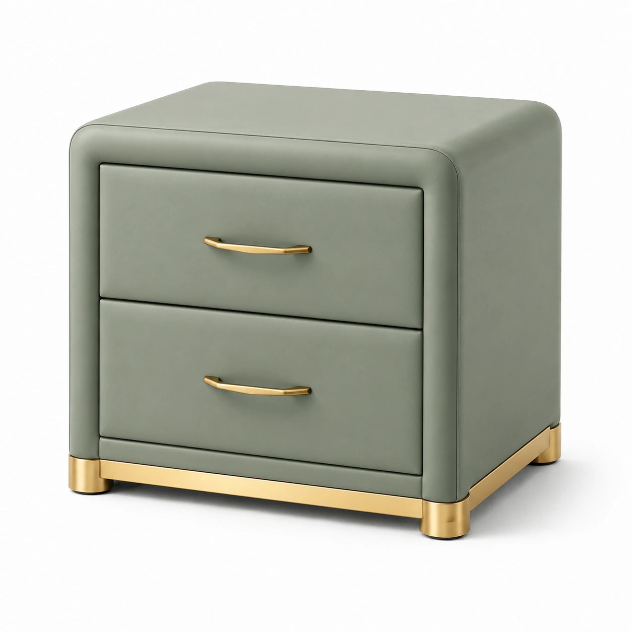 Table de chevet en cuir PU vert avec tiroirs et détails en métal doré