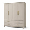Armoire 4 portes en bois avec tiroirs et poignées en métal, beige
