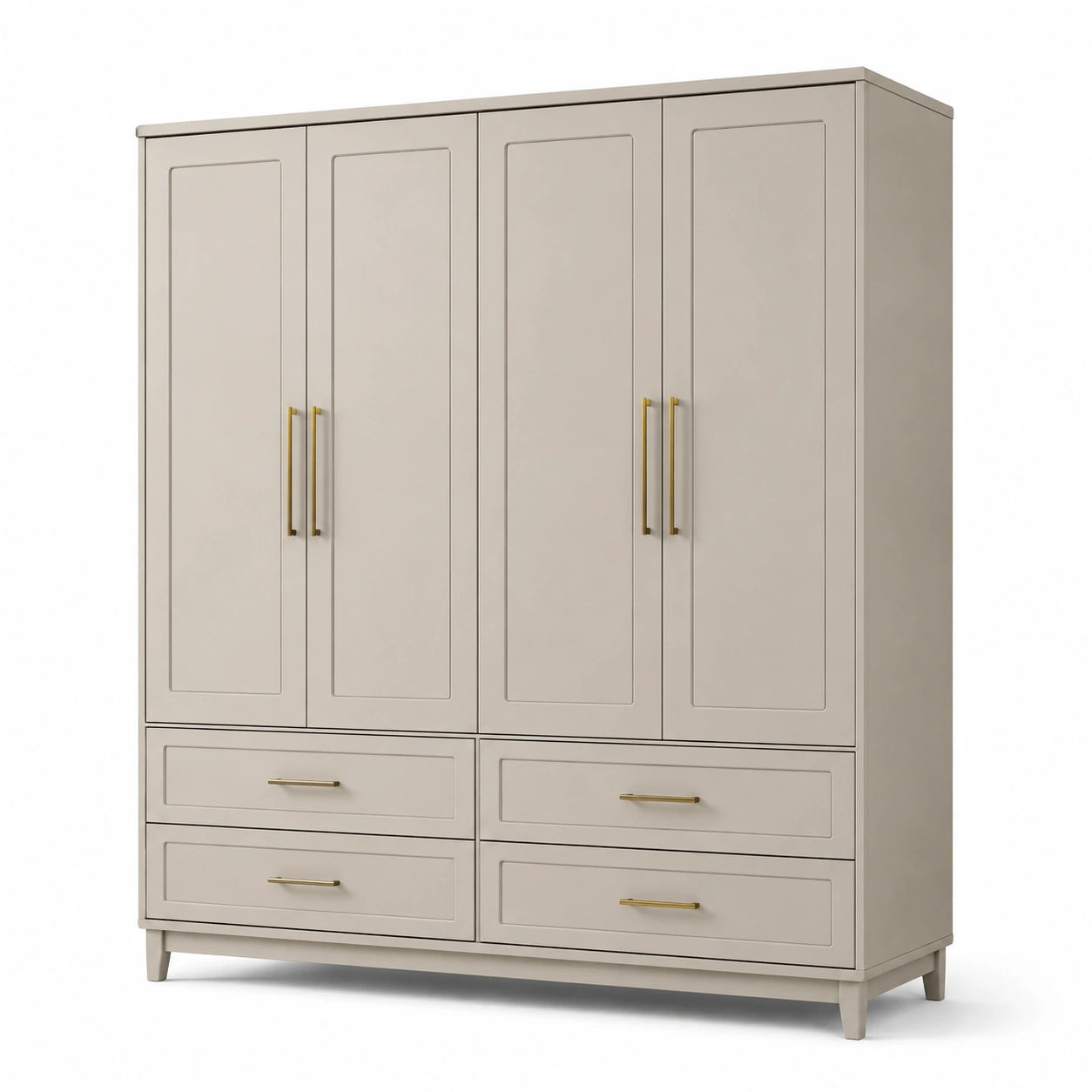 Armoire 4 portes en bois avec tiroirs et poignées en métal, beige