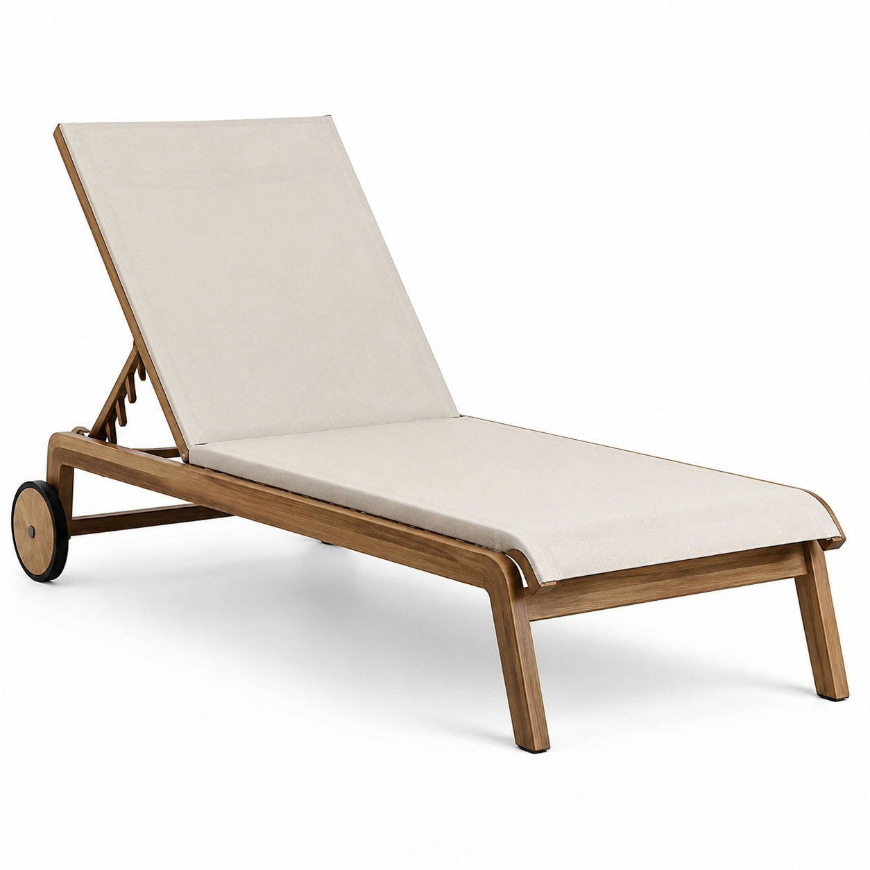 Chaise longue en bois d'acacia avec tissu polyester beige