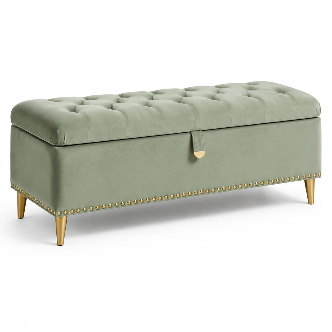 Banc de rangement en velours vert avec pieds en métal doré