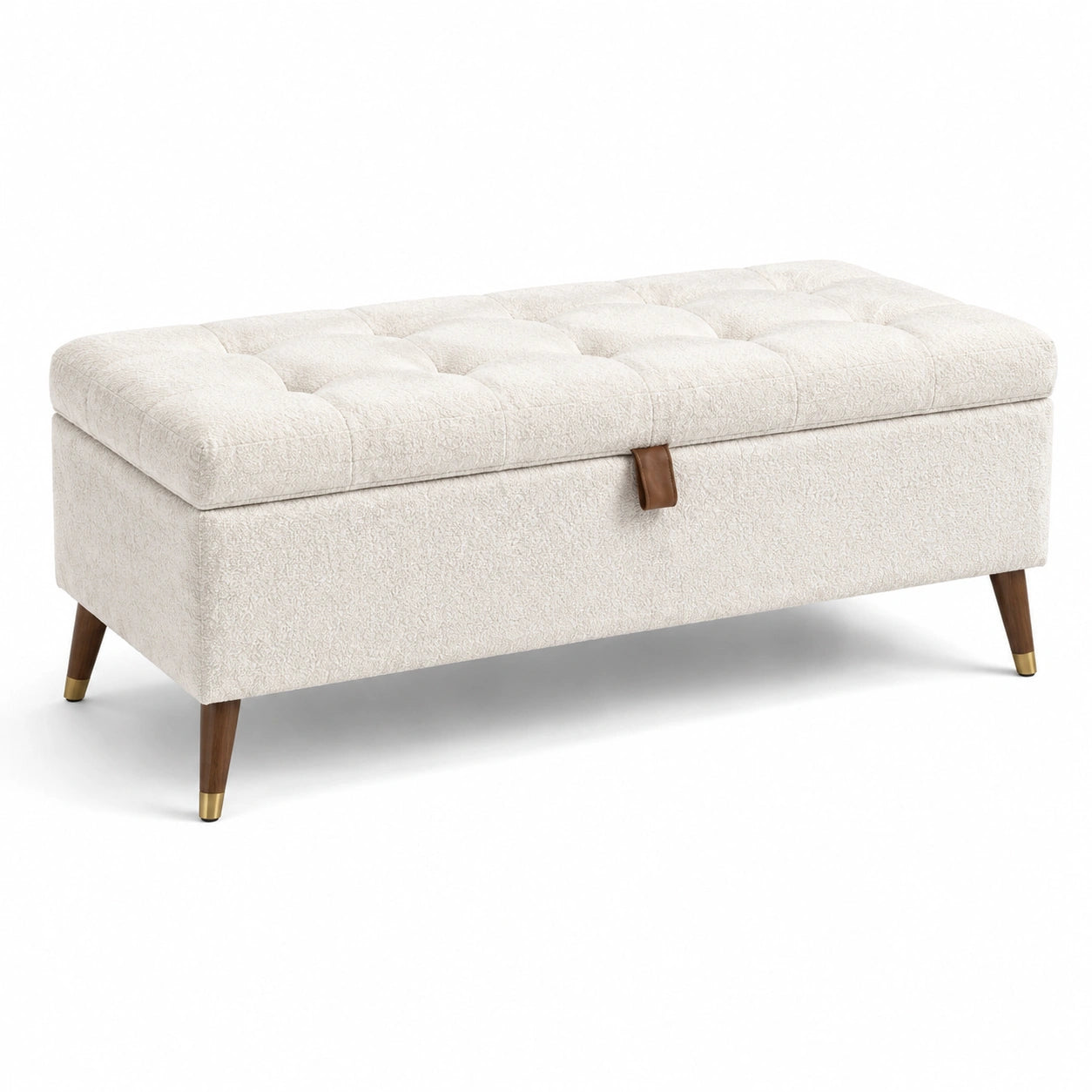 Banc de rangement en tissu bouclé beige avec pieds en bois