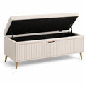 Banc de rangement en velours beige avec pieds en métal, 140x40x45 cm
