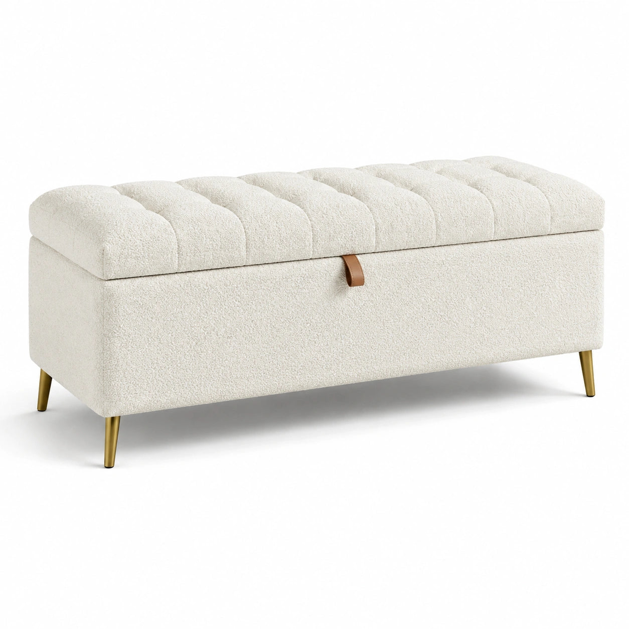 Banc de rangement en tissu bouclé avec pieds dorés