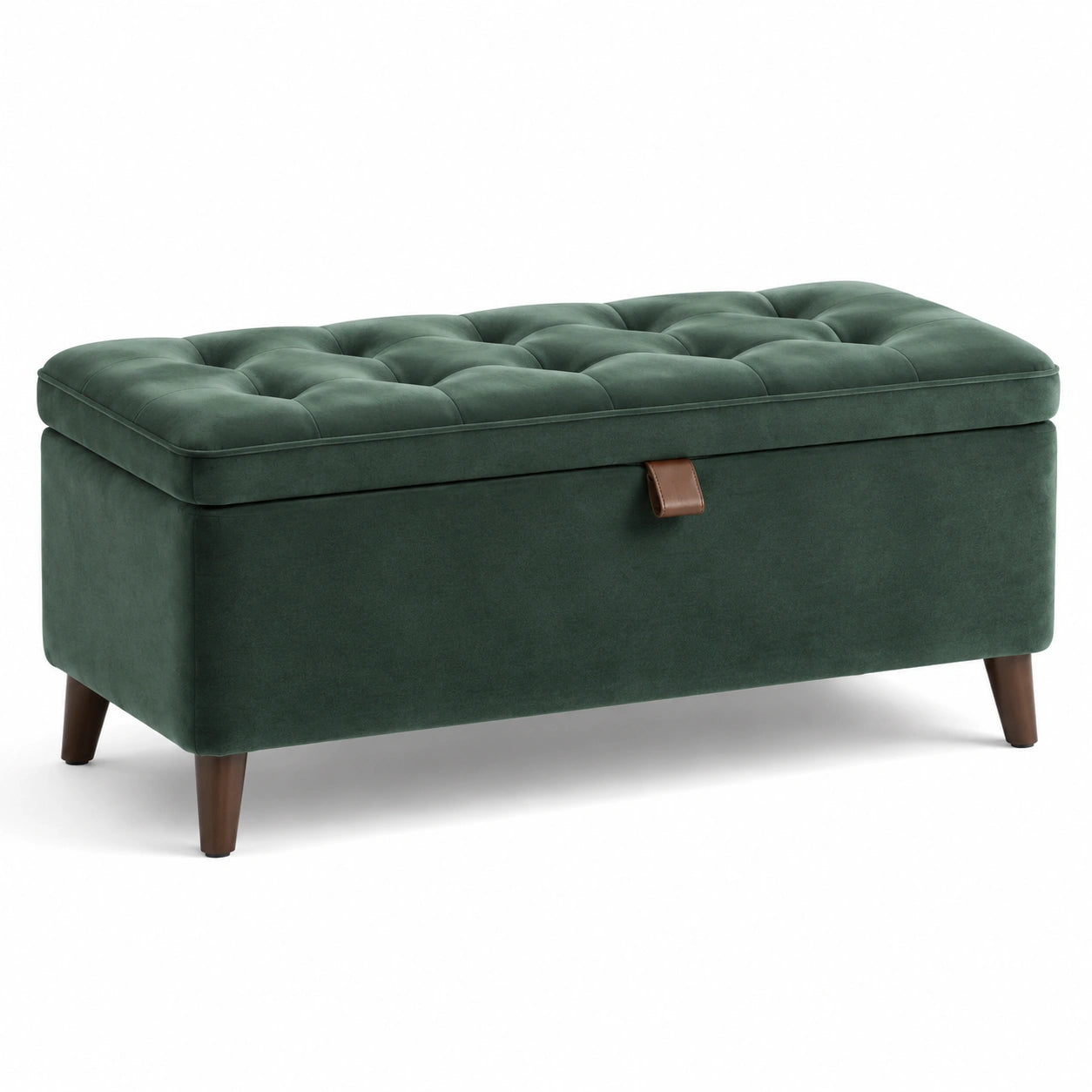 Banc de rangement en velours vert avec pieds en bois