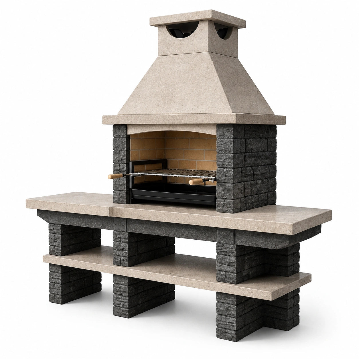 Barbecue en pierre et briques avec cheminée béton gris/noir