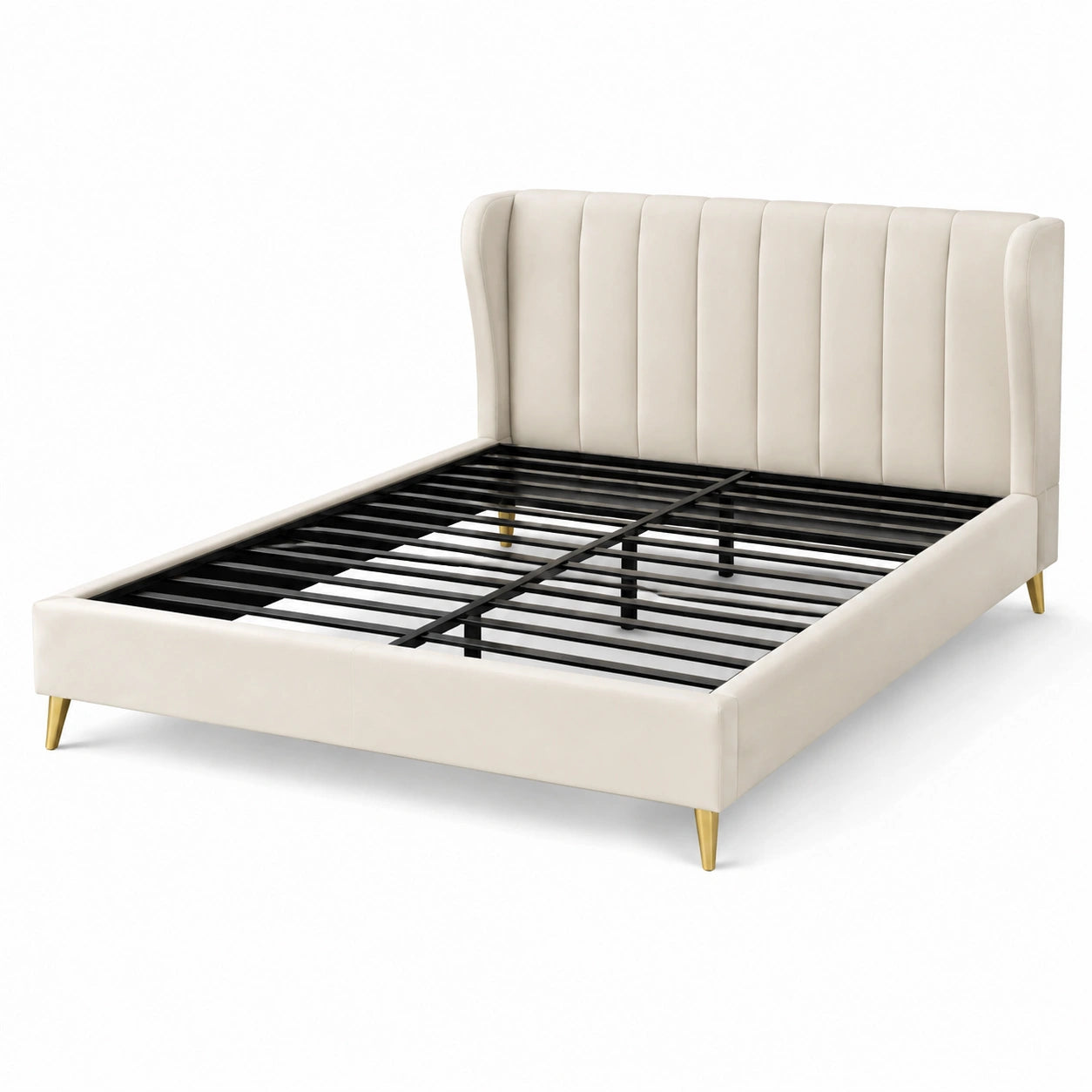 Lit double en tissu crème avec pieds en métal doré