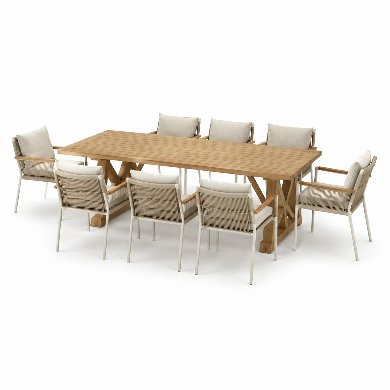 Ensemble de salle à manger en teck avec table et 8 chaises en corde